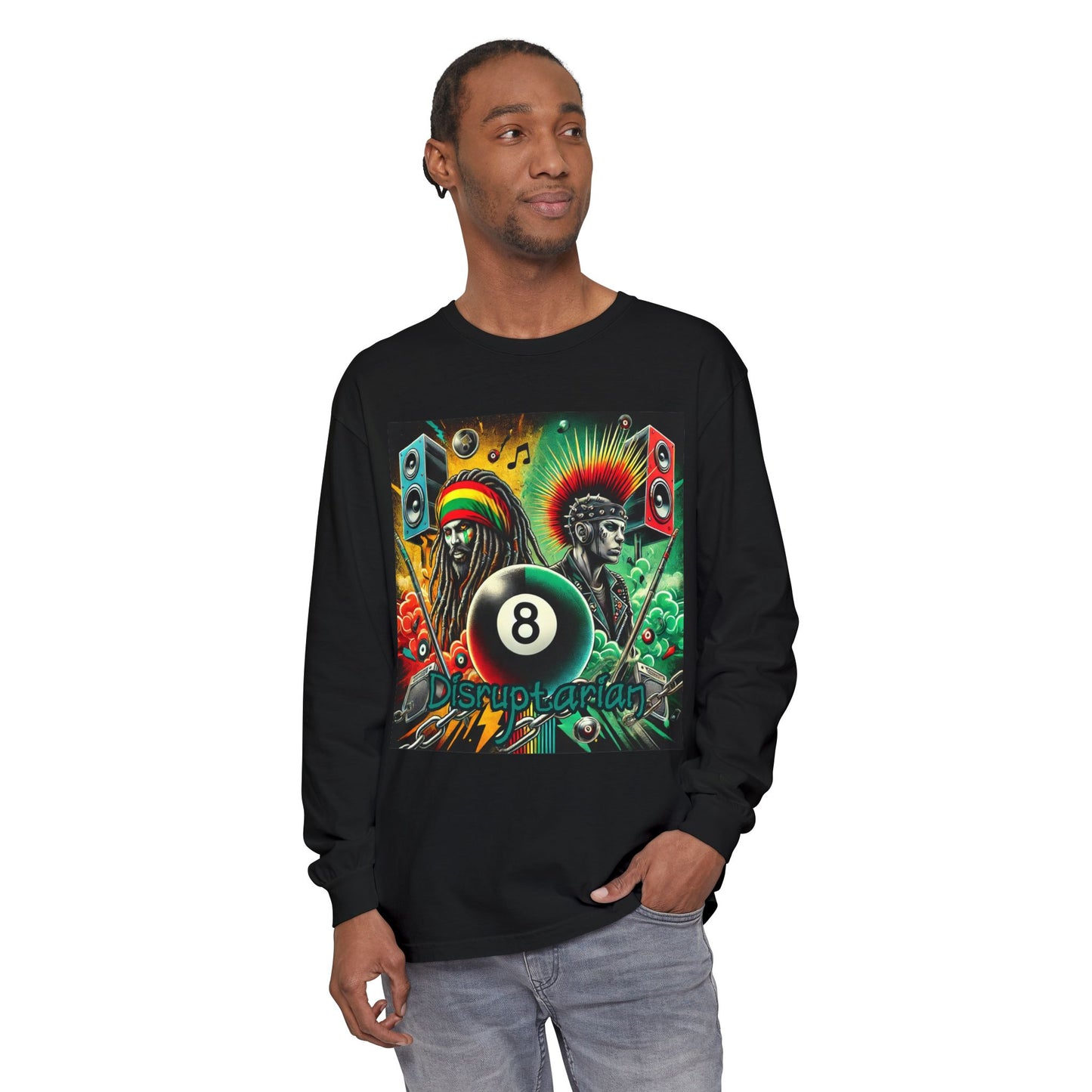 Disruptarian DJ Long Sleeve T-Shirt - Vibrant Music-Themed Garment-Dyed Tee