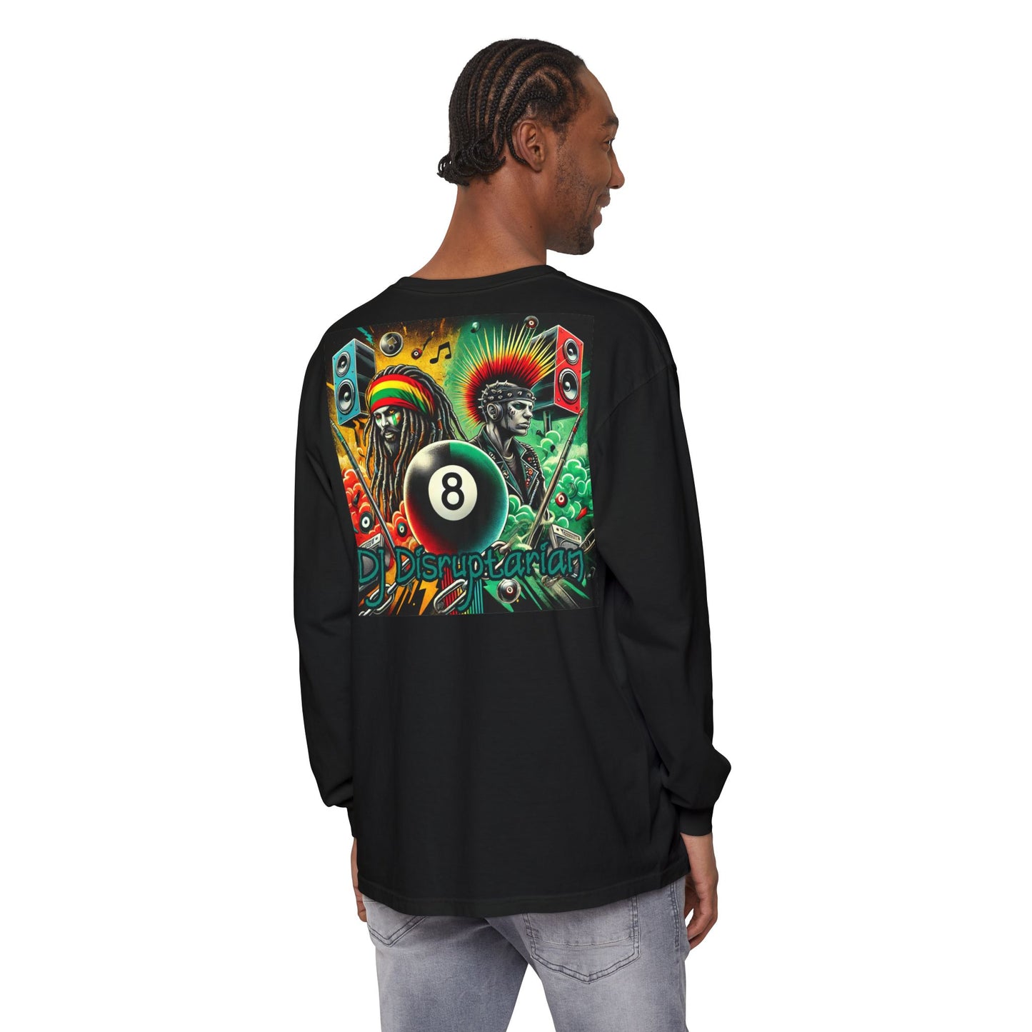 Disruptarian DJ Long Sleeve T-Shirt - Vibrant Music-Themed Garment-Dyed Tee